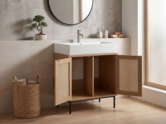 FineBuy Waschbeckenunterschrank Eiche-Optik 60x60x40 cm mit Türen, Badezimmerschrank mit Rattangeflecht, Unterschrank Stehend, Badschrank Midischrank Klein Waschtisch