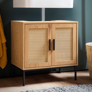 FineBuy Waschbeckenunterschrank Eiche-Optik 60x60x40 cm mit Türen, Badezimmerschrank mit Rattangeflecht, Unterschrank Stehend, Badschrank Midischrank Klein Waschtisch