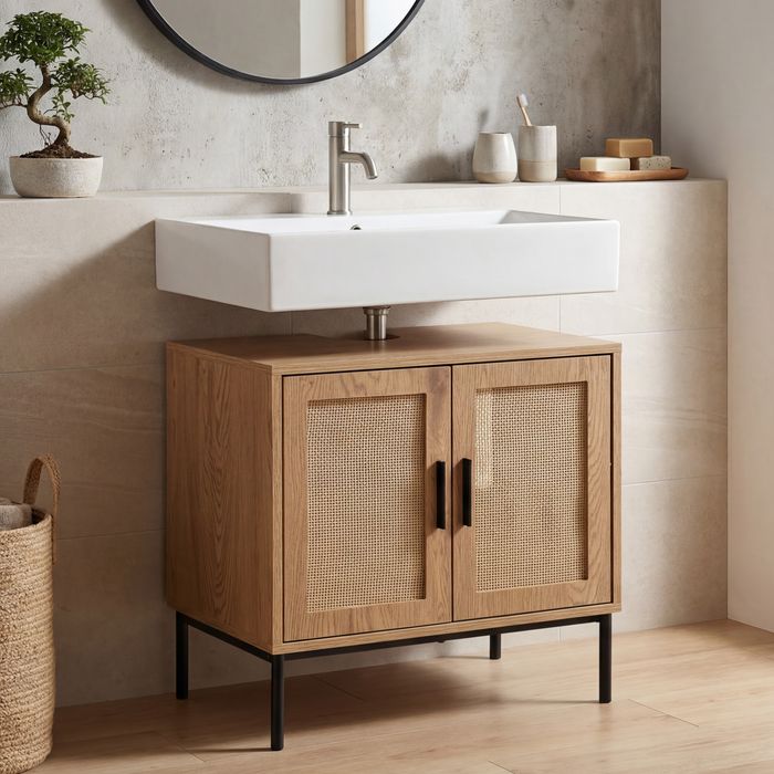 FineBuy Waschbeckenunterschrank Eiche-Optik 60x60x40 cm mit Türen, Badezimmerschrank mit Rattangeflecht, Unterschrank Stehend, Badschrank Midischrank Klein Waschtisch