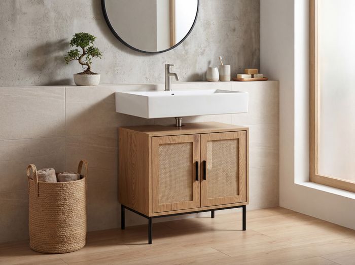 FineBuy Waschbeckenunterschrank Eiche-Optik 60x60x40 cm mit Türen, Badezimmerschrank mit Rattangeflecht, Unterschrank Stehend, Badschrank Midischrank Klein Waschtisch