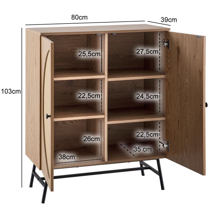 Kommode in Eiche Dekor 80 cm Sideboard mit 2 Türen aus Wiener Rattan Geflecht Design Highboard – Maßzeichnung