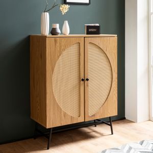 FineBuy Sideboard 80x103x39 cm Highboard Eiche-Dekor mit Rattan Geflecht Modern, Hoher Kommodenschrank, Standschrank mit 2 Türen, Kommode Anrichte Wohnzimmer