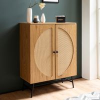 Kommode in Eiche Dekor 80 cm Sideboard mit 2 Türen aus Wiener Rattan Geflecht Design Highboard – Ansicht 1