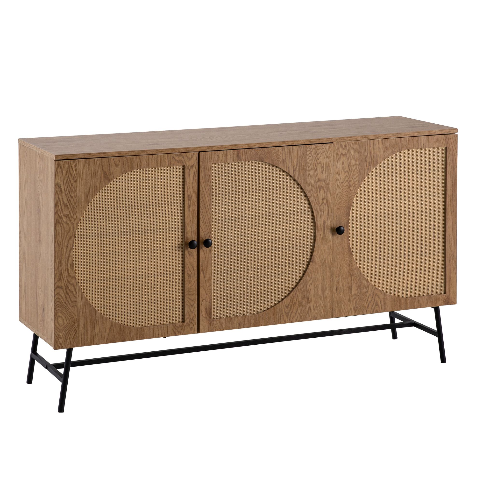 FineBuy Sideboard 140x80x39 cm Kommode Eiche-Dekor mit Rattan Geflecht Modern, Hoher Kommodenschrank, Standschrank mit 3 Türen, Anrichte Wohnzimmer | Farbe: Braun