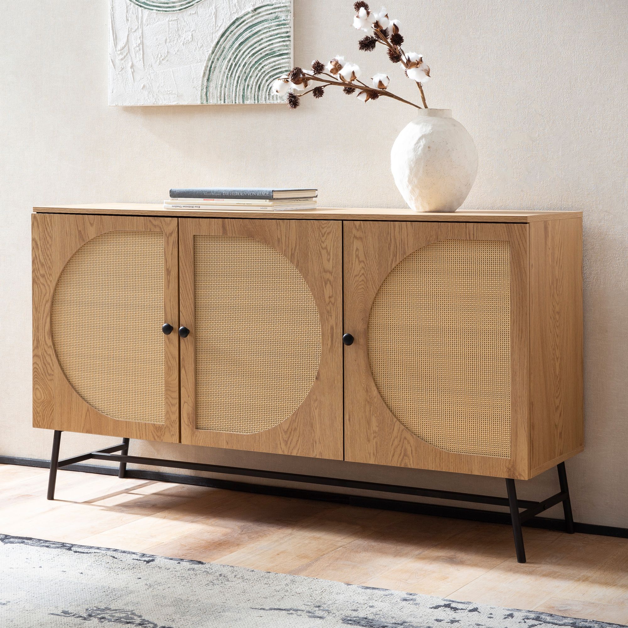 FineBuy Sideboard 140x80x39 cm Kommode Eiche-Dekor mit Rattan Geflecht Modern, Hoher Kommodenschrank, Standschrank mit 3 Türen, Anrichte Wohnzimmer | Farbe: Braun