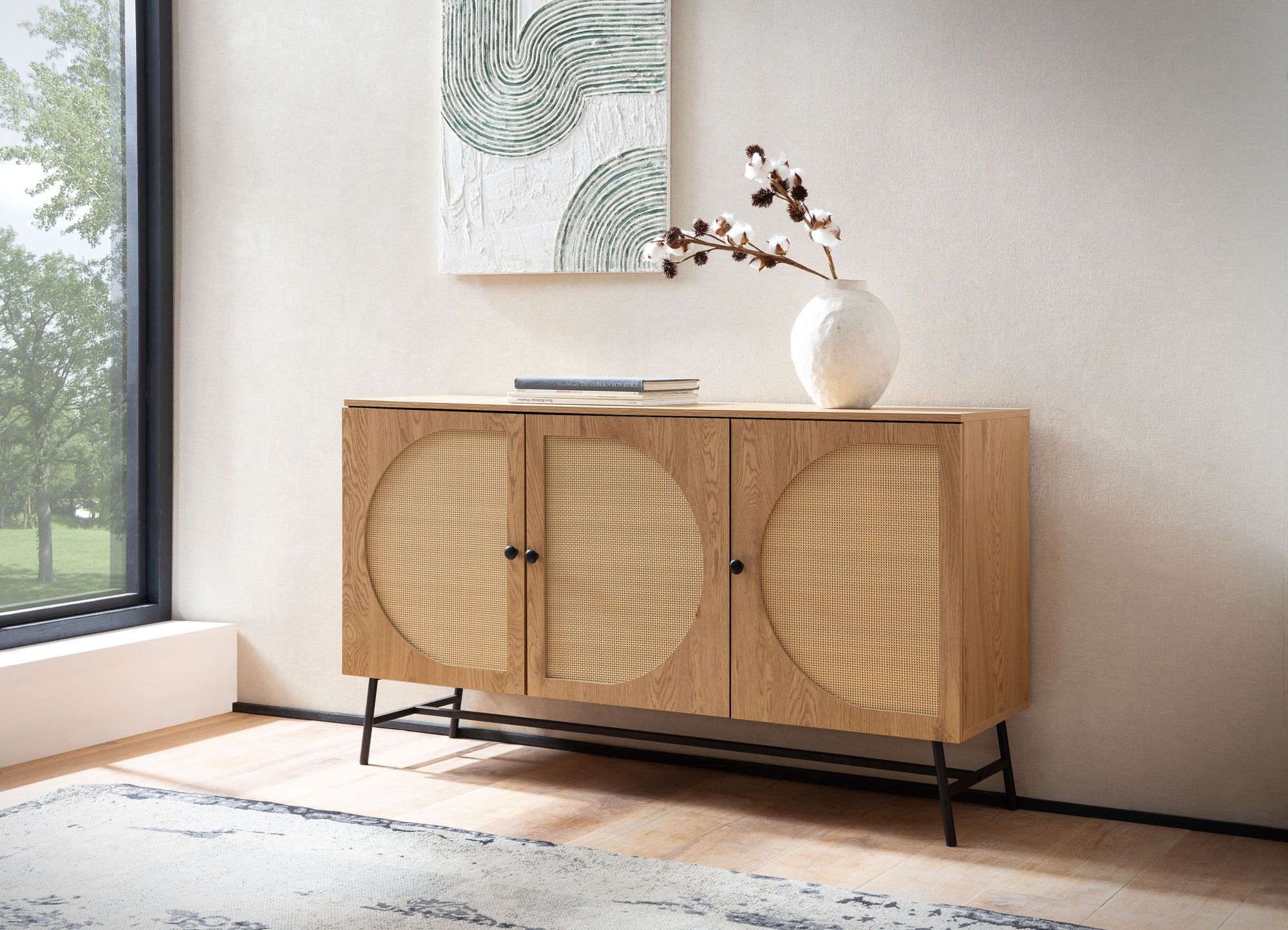 FineBuy Sideboard 140x80x39 cm Kommode Eiche-Dekor mit Rattan Geflecht Modern, Hoher Kommodenschrank, Standschrank mit 3 Türen, Anrichte Wohnzimmer | Farbe: Braun