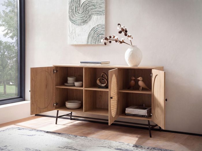FineBuy Sideboard 140x80x39 cm Kommode Eiche-Dekor mit Rattan Geflecht Modern, Hoher Kommodenschrank, Standschrank mit 3 Türen, Anrichte Wohnzimmer