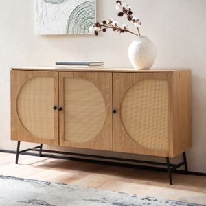 FB104665 FineBuy Sideboard 140x80x39 cm Kommode Eiche-Dekor mit Rattan Geflecht Modern, Hoher Kommodenschrank, Standschrank mit 3 Türen, Anrichte Wohnzimmer