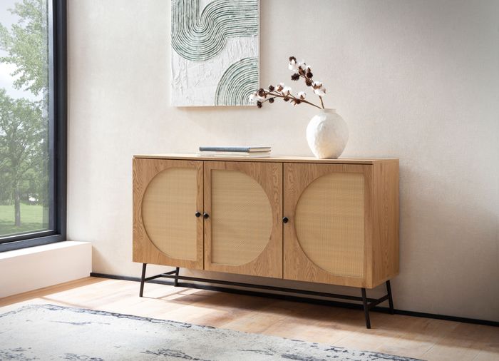 FineBuy Sideboard 140x80x39 cm Kommode Eiche-Dekor mit Rattan Geflecht Modern, Hoher Kommodenschrank, Standschrank mit 3 Türen, Anrichte Wohnzimmer