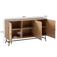Sideboard 140cm MDF Eiche Dekor mit 3 Türen in Ratten Wiener Geflecht Design Kommode mit Metall Schwarz – Ansicht 3