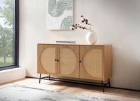 Sideboard 140cm MDF Eiche Dekor mit 3 Türen in Ratten Wiener Geflecht Design Kommode mit Metall Schwarz – Ansicht 2
