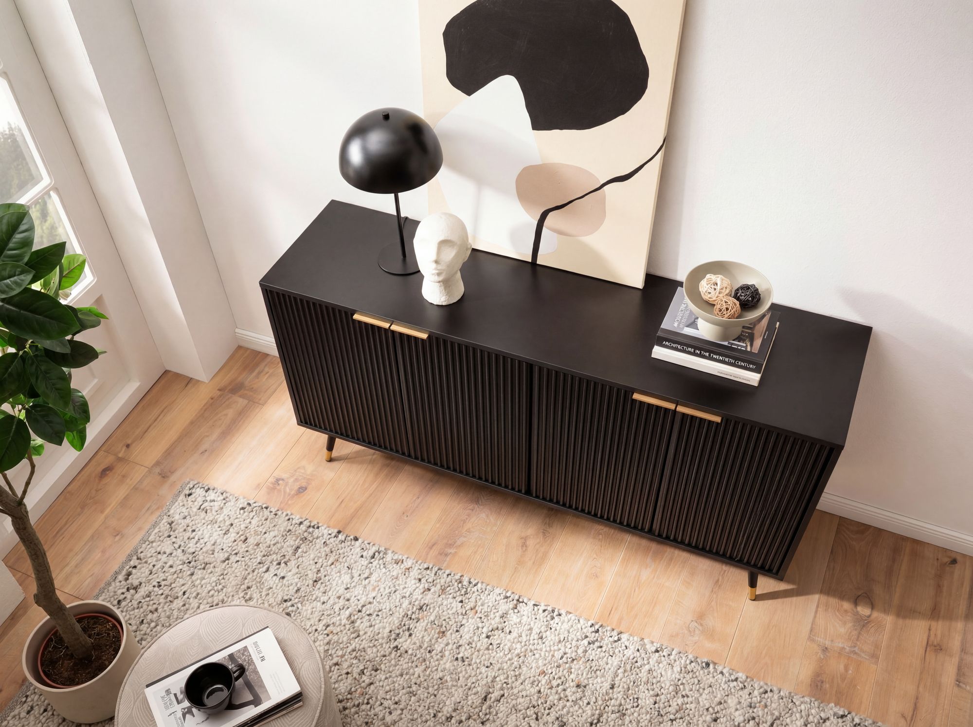 Sideboard 150cm MDF Eiche Schwarz Dekor Kommode mit 4 Türen edles Design – Ansicht 5