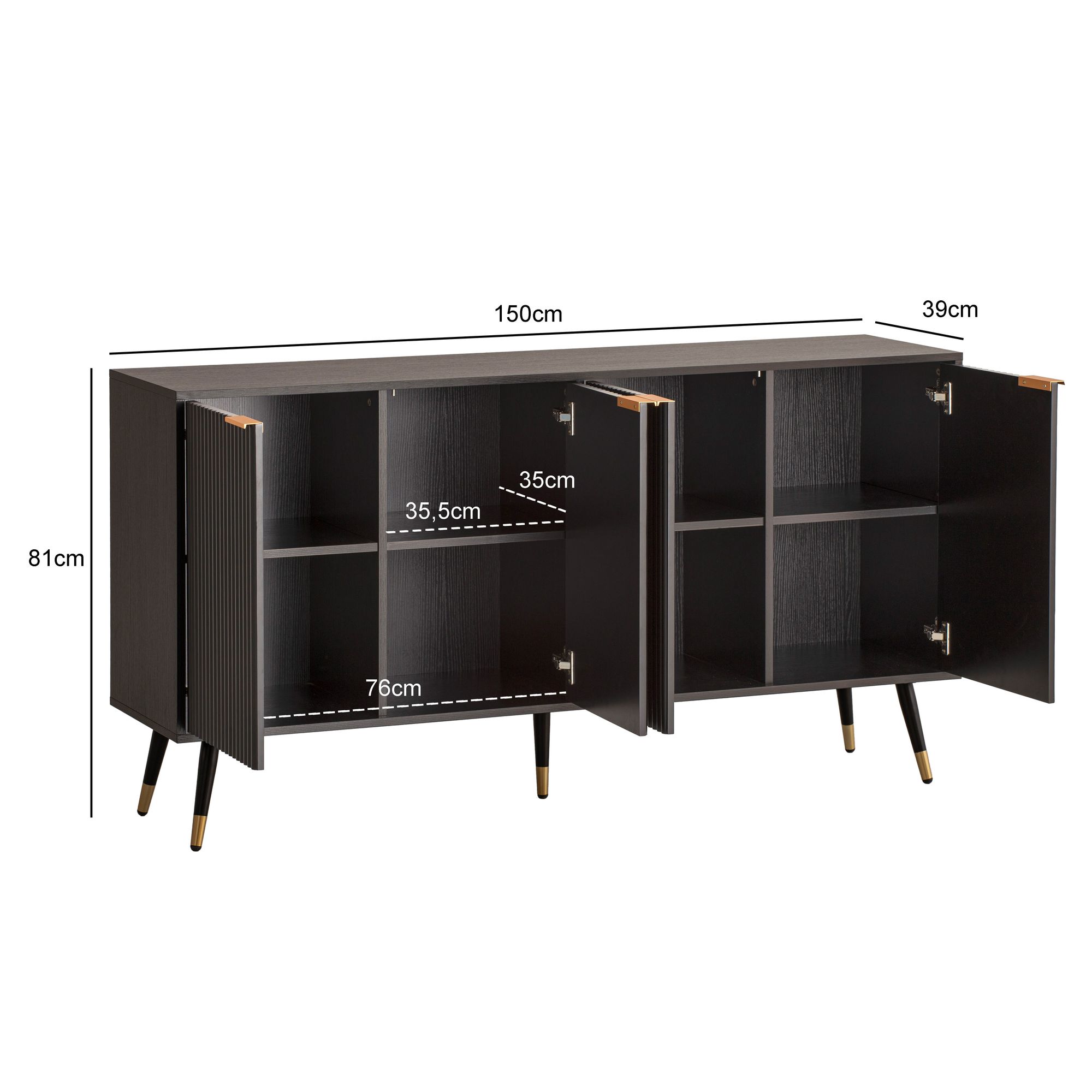 FineBuy Sideboard 150x81x39 cm Anrichte Schwarz mit Eiche-Dekor, Kommode mit Türen, Kommodenschrank Flurschrank Modern, Standschrank Wohnzimmer Metallbeine | Farbe: Schwarz FineBuy Sideboard 150x81x39 cm Anrichte Schwarz mit Eiche-Dekor, Kommode mit Türen, Kommodenschrank Flurschrank Modern, Standschrank Wohnzimmer Metallbeine | Farbe: Schwarz