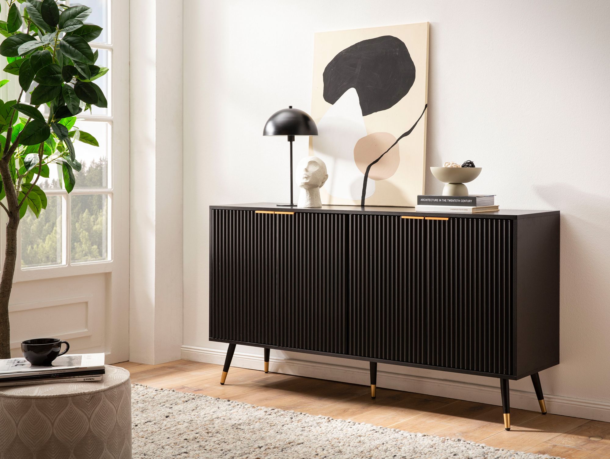 FineBuy Sideboard 150x81x39 cm Anrichte Schwarz mit Eiche-Dekor, Kommode mit Türen, Kommodenschrank Flurschrank Modern, Standschrank Wohnzimmer Metallbeine | Farbe: Schwarz FineBuy Sideboard 150x81x39 cm Anrichte Schwarz mit Eiche-Dekor, Kommode mit Türen, Kommodenschrank Flurschrank Modern, Standschrank Wohnzimmer Metallbeine | Farbe: Schwarz