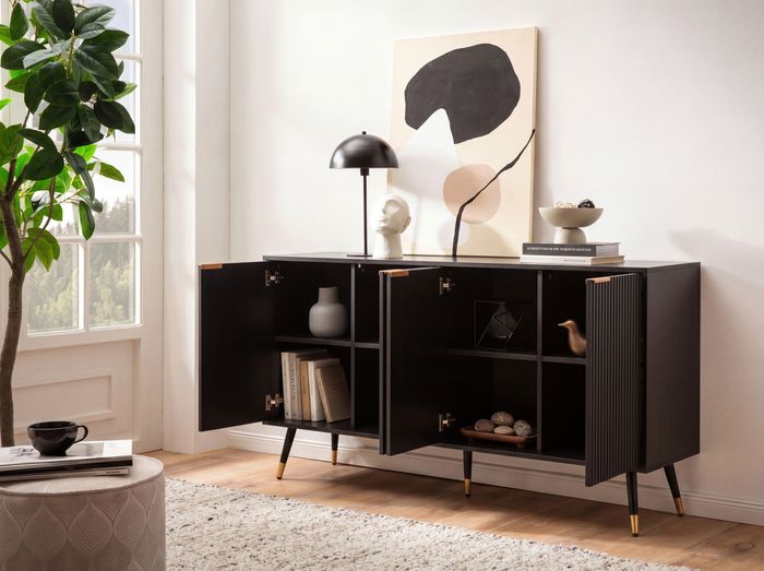 FineBuy Sideboard 150x81x39 cm Anrichte Schwarz mit Eiche-Dekor, Kommode mit Türen, Kommodenschrank Flurschrank Modern, Standschrank Wohnzimmer Metallbeine