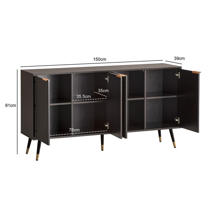 Sideboard 150cm MDF Eiche Schwarz Dekor Kommode mit 4 Türen edles Design – Maßzeichnung