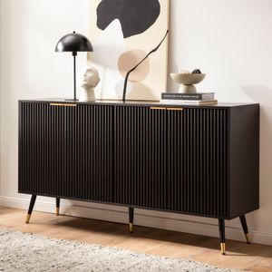 FB104685 FineBuy Sideboard 150x81x39 cm Anrichte Schwarz mit Eiche-Dekor, Kommode mit Türen, Kommodenschrank Flurschrank Modern, Standschrank Wohnzimmer Metallbeine