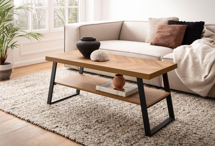 FineBuy Couchtisch 100x40x41 cm Sofatisch Braun mit Fischgrät-Muster, Design Wohnzimmertisch Rechteckig, Loungetisch Modern mit Ablage, Kaffeetisch mit Metallgestell