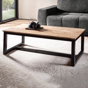 FineBuy Couchtisch 110x60x40 cm Akazie Massivholz Industrial Groß, Design Wohnzimmertisch Rechteckig, Sofatisch Stubentisch Braun, Kaffeetisch mit Metallbeinen