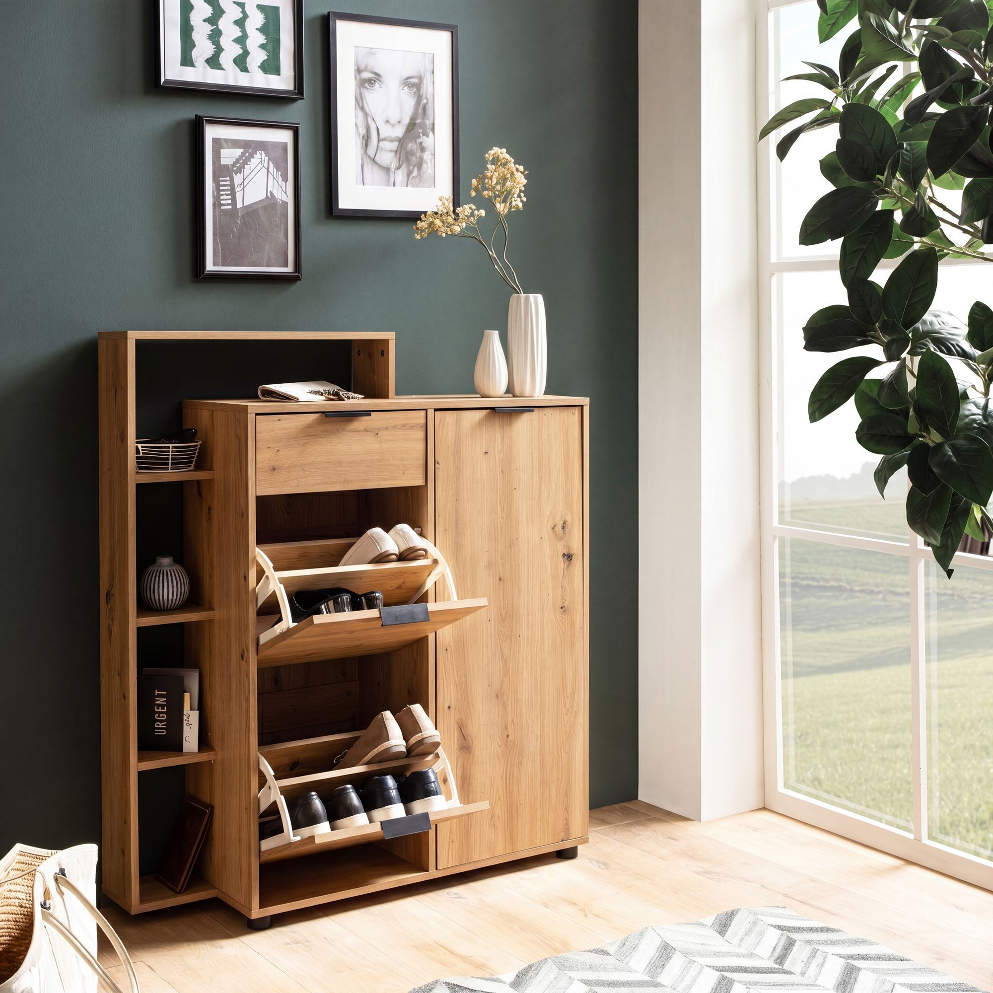 Schuhschrank FineBuy Schuhkipper Garderobe Eiche 110 cm Schuhkommode Flurschrank – Ansicht 1