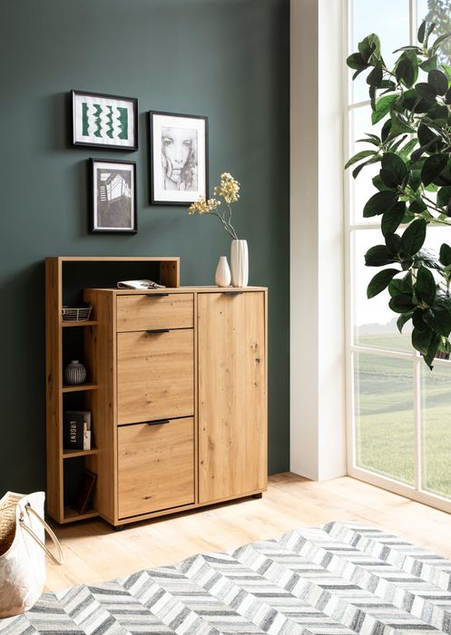 FineBuy Schuhschrank Eiche-Dekor 98x110x30 cm Schuhkipper Geschlossen, Schuhkommode mit Schublade Modern, Flurschrank mit Regal und Ablage, Schuhaufbewahrung Flurkommode für Schuhe Hoch