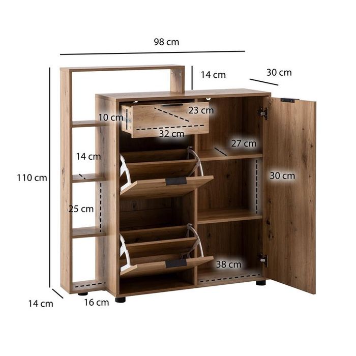 Schuhschrank FineBuy Schuhkipper Garderobe Eiche 110 cm Schuhkommode Flurschrank – Maßzeichnung