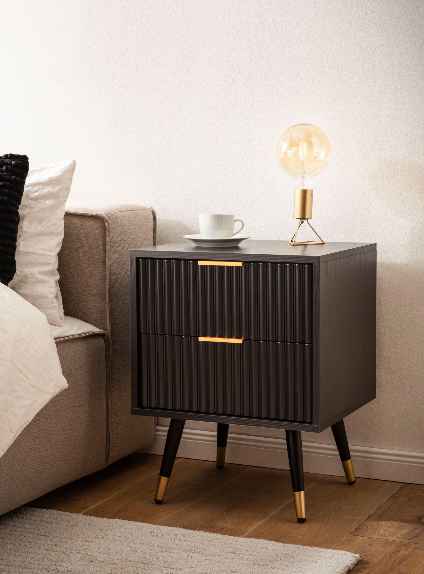 FineBuy Nachtkonsole Schwarz mit Eiche-Dekor 43,5x39x56 cm Nachttisch Modern, Nachtkommode Boxspringbett mit Schubladen, Nachtkästchen mit Stauraum | Farbe: Schwarz