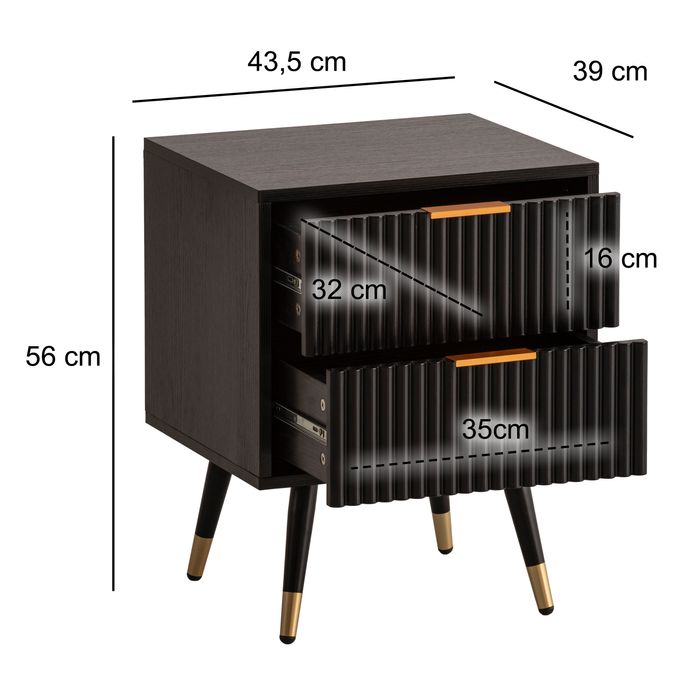 Nachttisch FineBuy Nachtkommode Boxspringbett 56 cm Schwarz Eiche Schubladen – Maßzeichnung