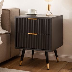 FB105032 FineBuy Nachtkonsole Schwarz mit Eiche-Dekor 43,5x39x56 cm Nachttisch Modern, Nachtkommode Boxspringbett mit Schubladen, Nachtkästchen mit Stauraum
