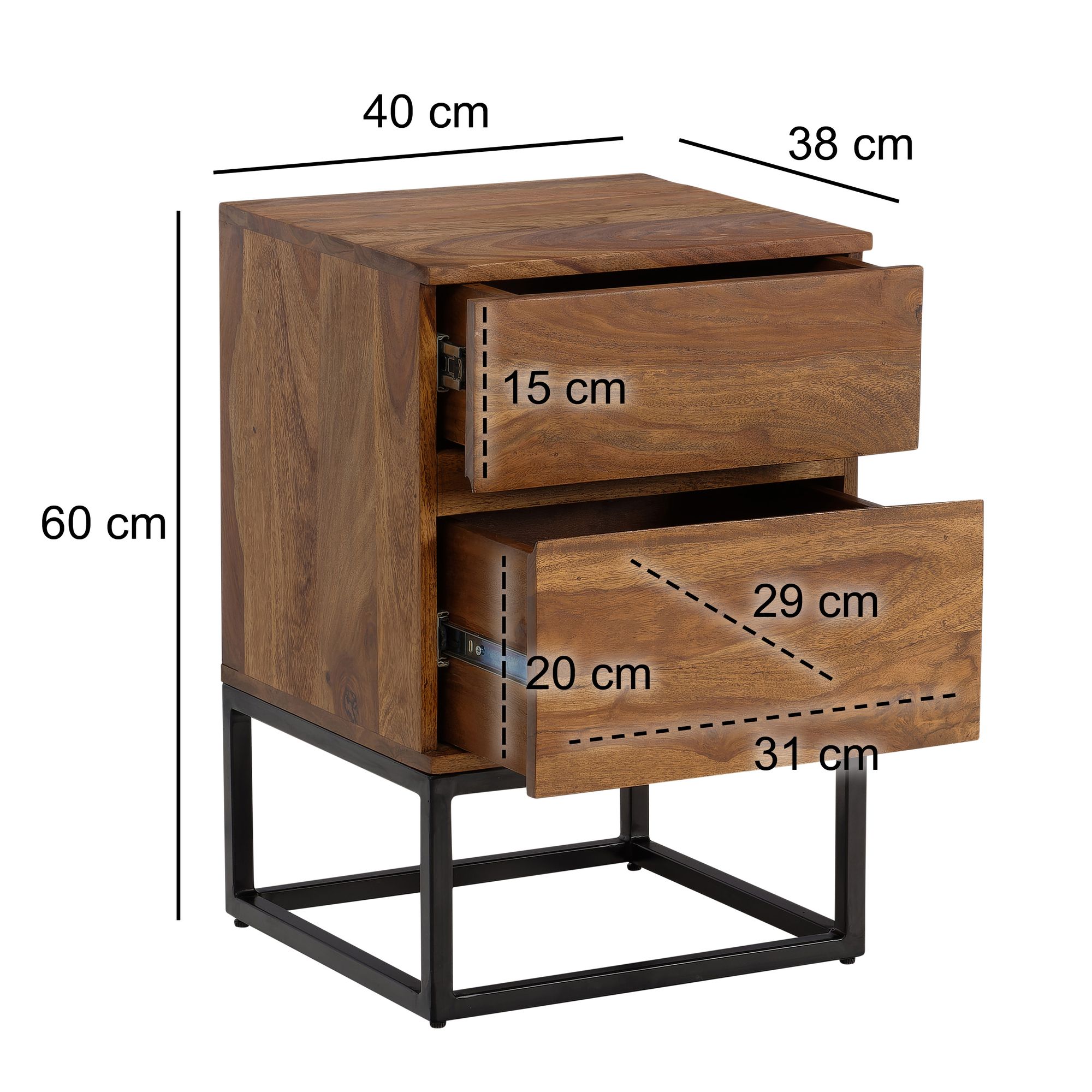FineBuy Nachttisch Sheesham Massivholz Metall 40x38x60 cm Nachtschrank Boxspringbett, Design Nachtkonsole mit 2 Schubladen, Nachtkommode Industrial mit Stauraum | Farbe: Braun FineBuy Nachttisch Sheesham Massivholz Metall 40x38x60 cm Nachtschrank Boxspringbett, Design Nachtkonsole mit 2 Schubladen, Nachtkommode Industrial mit Stauraum | Farbe: Braun