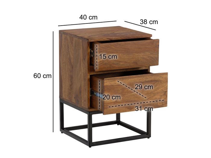 Nachttisch FineBuy Nachtkonsole Boxspringbett Massivholz 40x38x60 cm Schubladen – Maßzeichnung