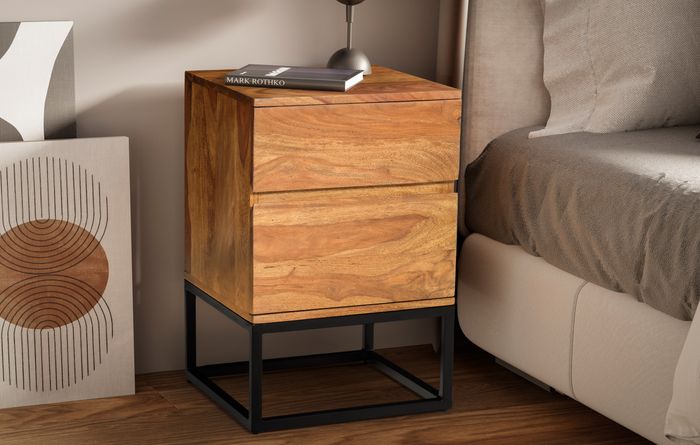 FineBuy Nachttisch Sheesham Massivholz Metall 40x38x60 cm Nachtschrank Boxspringbett, Design Nachtkonsole mit 2 Schubladen, Nachtkommode Industrial mit Stauraum