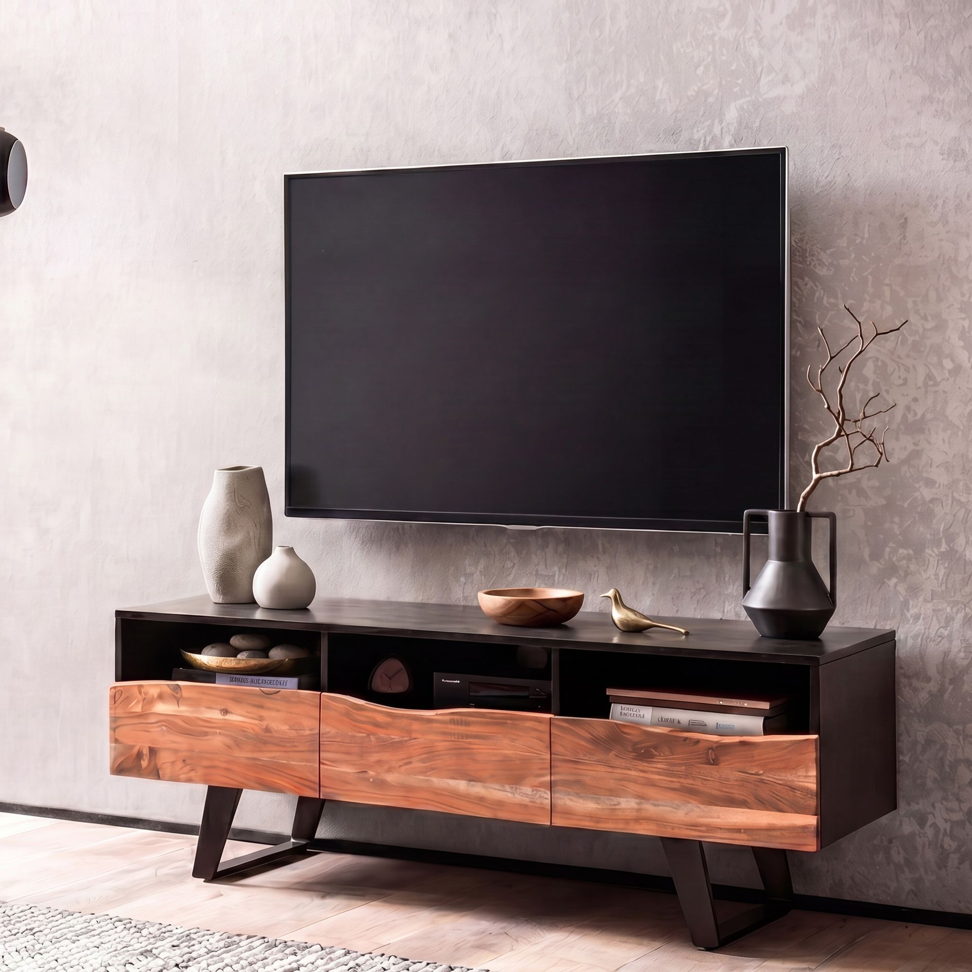 Massive TV-Board Kommode 140cm Akazie Massivholz Baumkante Lowboard Fernsehschrank – Ansicht 1