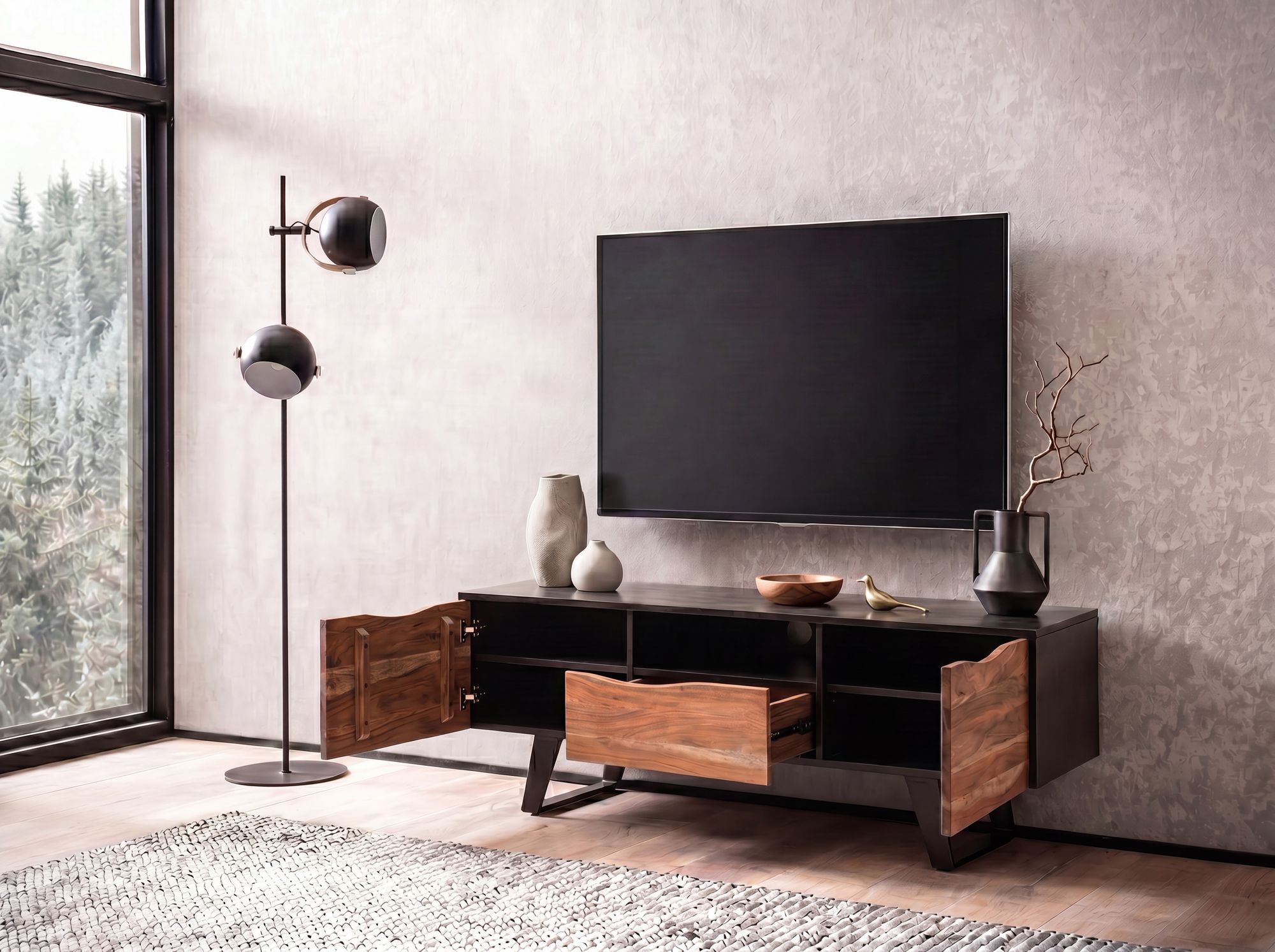 Massive TV-Board Kommode 140cm Akazie Massivholz Baumkante Lowboard Fernsehschrank – Ansicht 2