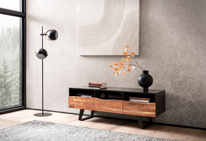 FineBuy Lowboard Akazie Massivholz 140x50x40 cm Baumkante TV-Kommode Schwarz, Design TV-Schrank Hoch mit Schublade, Fernsehtisch Fernsehschrank Modern mit Türen, Fernsehkommode Wohnzimmer
