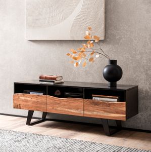 FineBuy Lowboard Akazie Massivholz 140x50x40 cm Baumkante TV-Kommode Schwarz, Design TV-Schrank Hoch mit Schublade, Fernsehtisch Fernsehschrank Modern mit Türen, Fernsehkommode Wohnzimmer