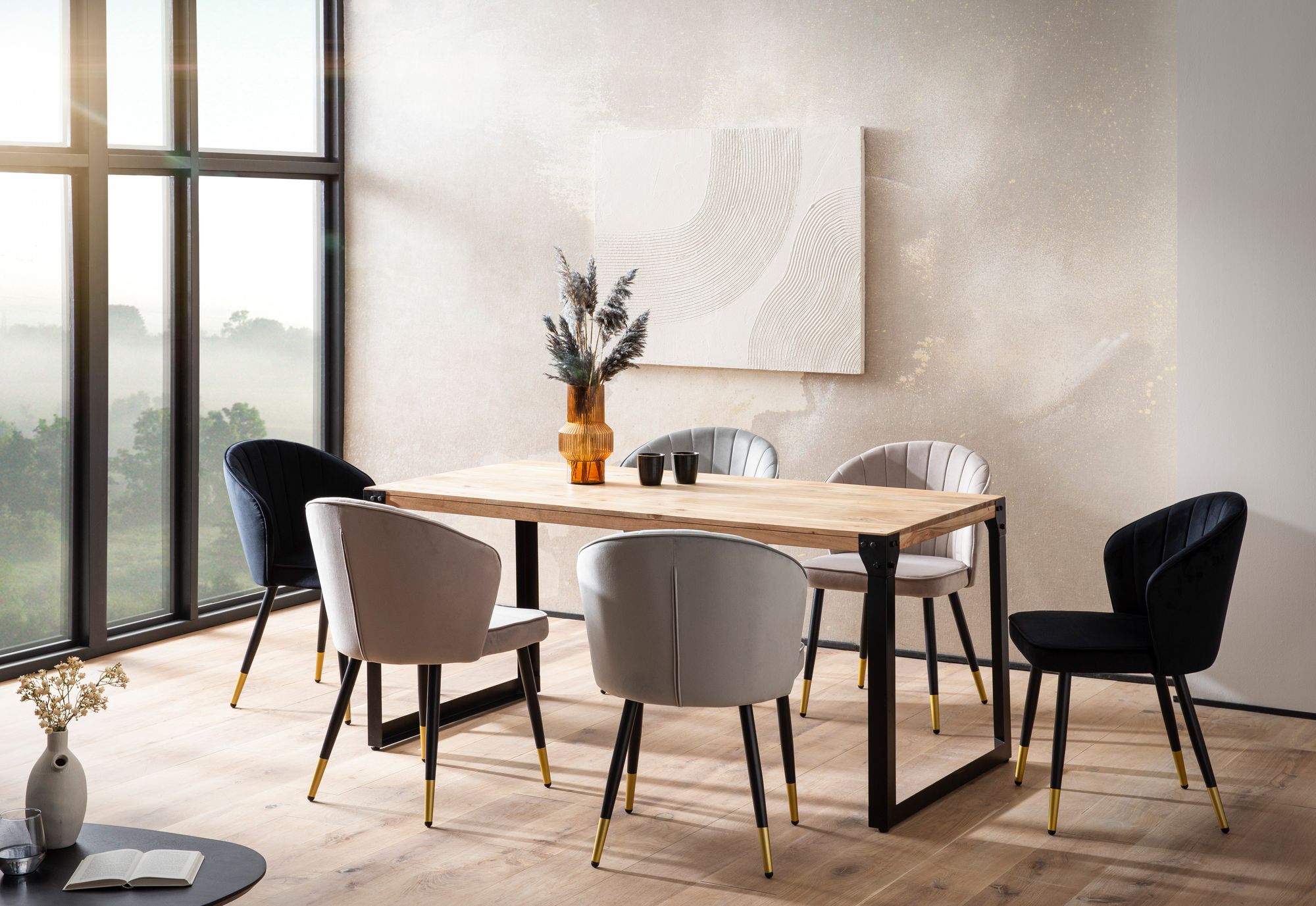 FineBuy Esstisch rechteckig Akazie Massivholz – Esszimmertisch im Industrial Design mit Metallgestell, Holz Küchentisch massiv | Farbe: Braun