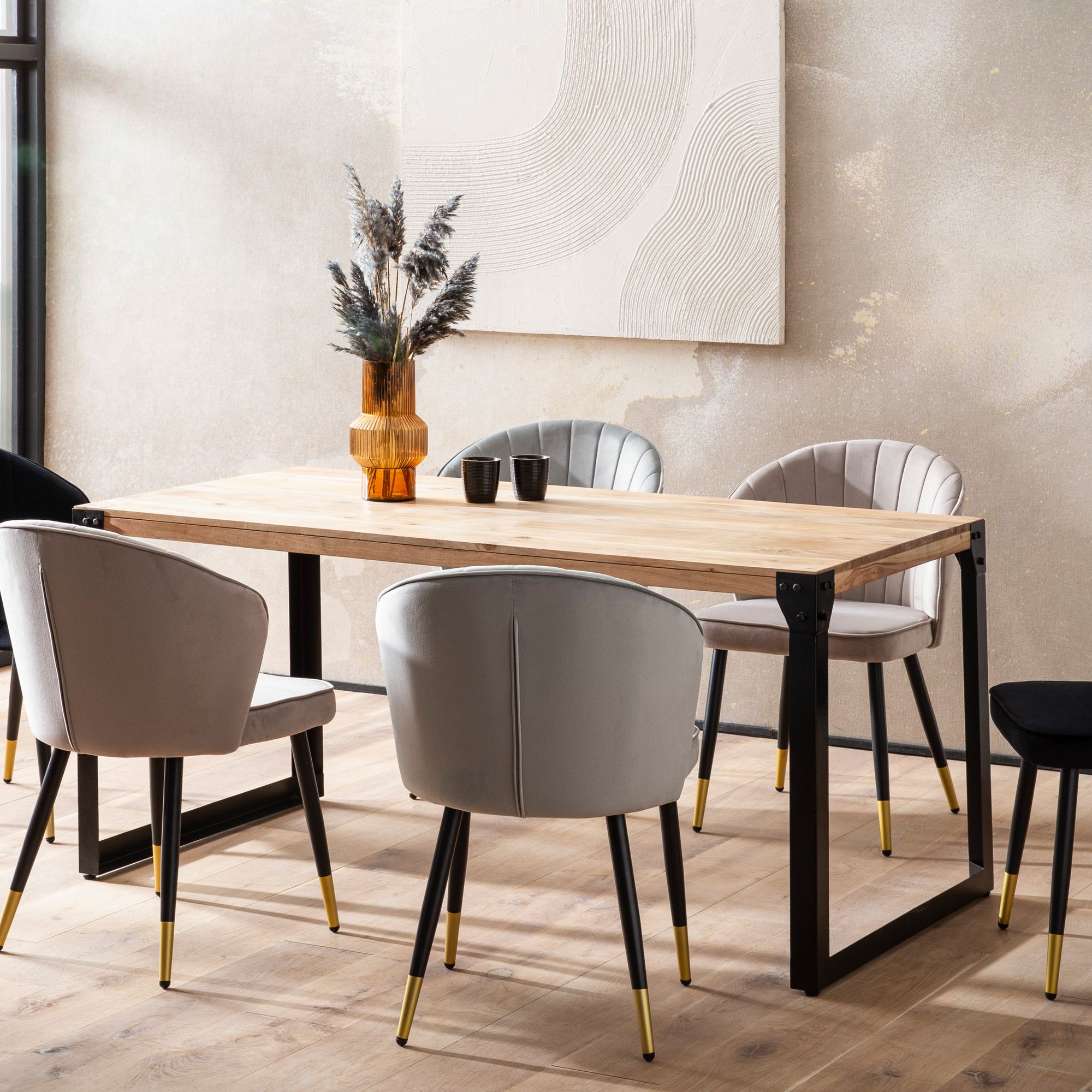 FineBuy Esstisch rechteckig Akazie Massivholz – Esszimmertisch im Industrial Design mit Metallgestell, Holz Küchentisch massiv | Farbe: Braun