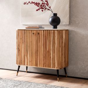 FineBuy Hausbar Akazie Massivholz 95x90x41 cm Weinbar Echter Marmor, Kleine Bar Modern, Barschrank mit Türen und Weinregal, Spirituosenschrank mit Aufbewahrung für Flaschen und Gläser