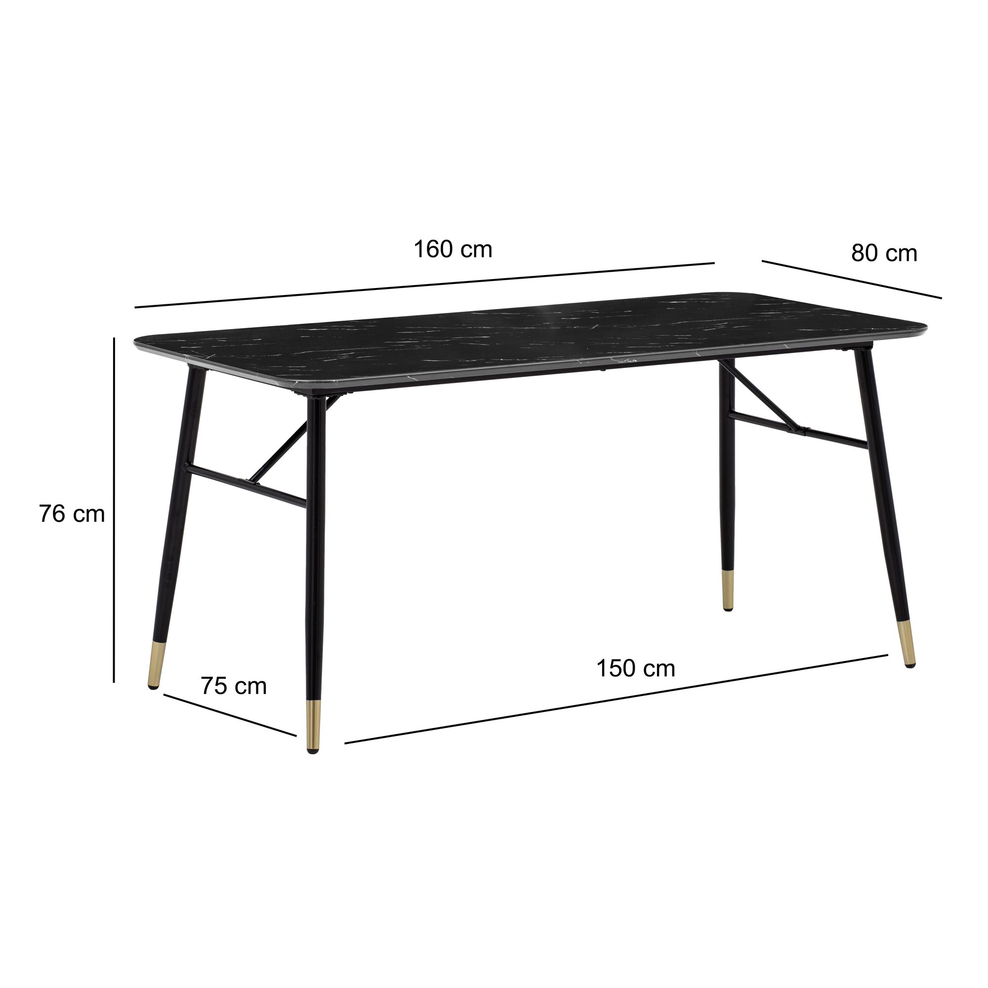 FineBuy Esszimmertisch Schwarz Esstisch in Marmor-Optik Modern, Küchentisch mit Metallbeinen, Speisetisch Rechteckig, Tisch Esszimmer | Farbe: Schwarz