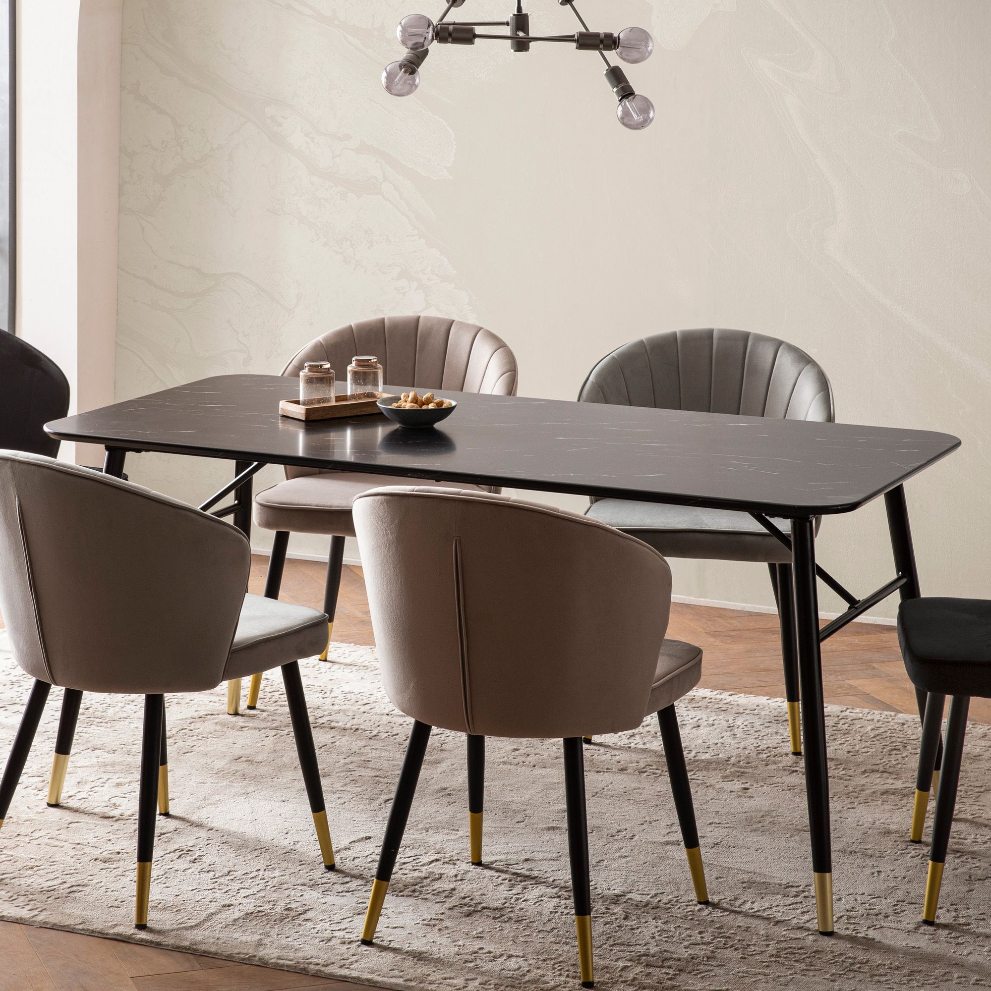 FineBuy Esszimmertisch Schwarz Esstisch in Marmor-Optik Modern, Küchentisch mit Metallbeinen, Speisetisch Rechteckig, Tisch Esszimmer | Farbe: Schwarz