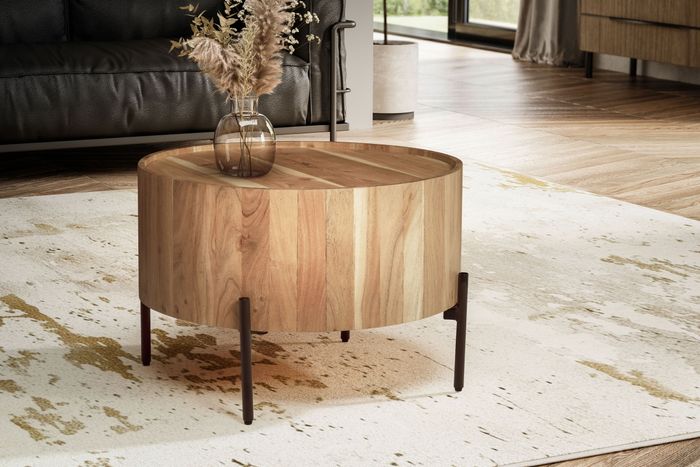 FineBuy Couchtisch Akazie Massivholz 60x60x41 cm Rund mit Metallgestell, Kleiner Sofatisch Modern, Wohnzimmertisch Couch, Kaffeetisch Braun / Schwarz