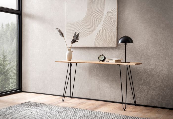 FineBuy Konsolentisch 150x36x75 cm Akazie Massivholz Baumkante Anrichte Flur, Ablagetisch mit Haarnadelbeine Schmal Modern, Flurtisch Metallgestell, Dielentisch Lang Hoch