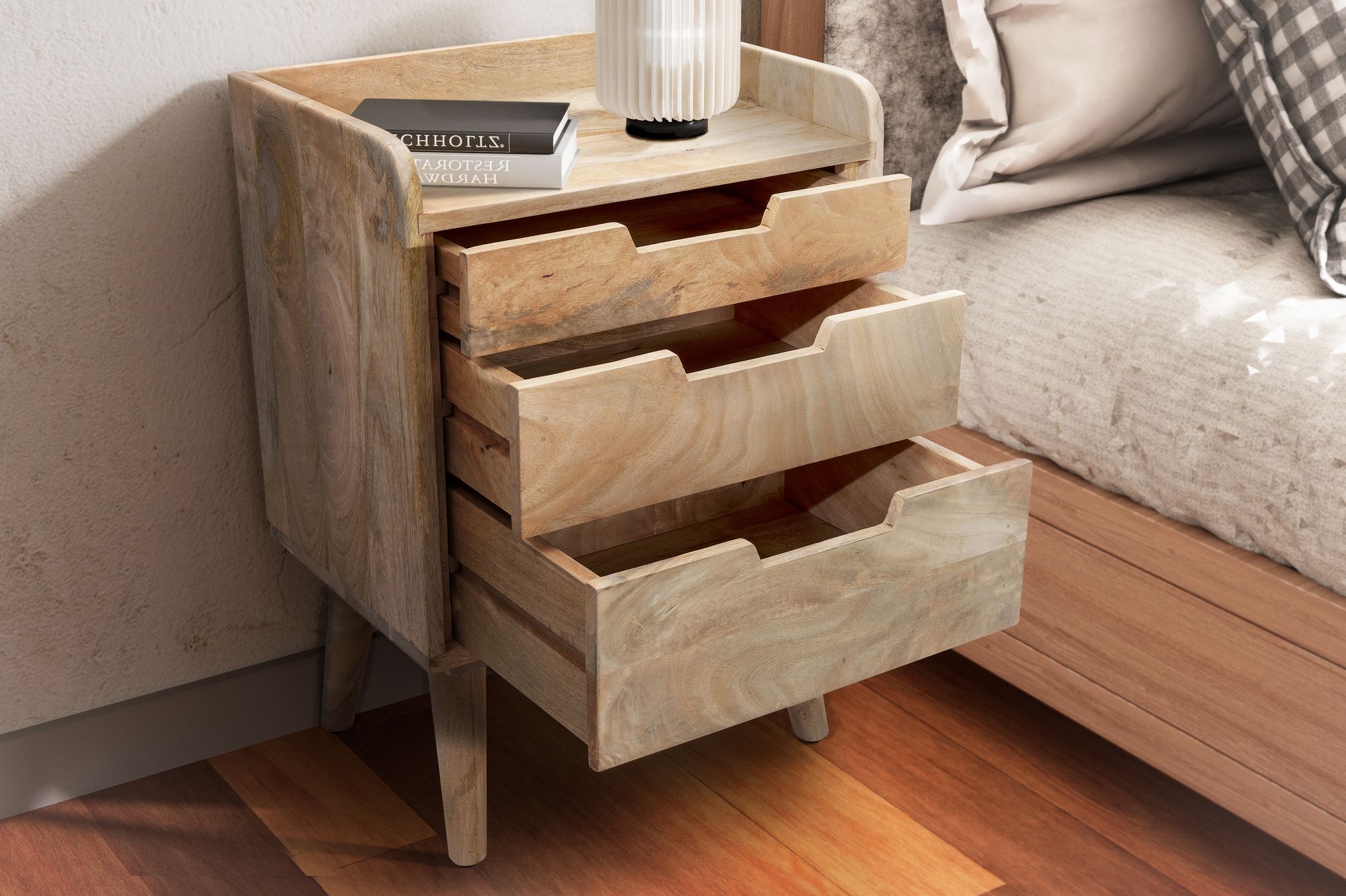 FineBuy Nachttisch aus Mango Massivholz mit 3 Schubladen & Ablage – Nachtschrank ideal für Boxspringbetten, Nachtkonsole im Natur Design – Nachtkästchen 45x33x63 cm | Farbe: Braun