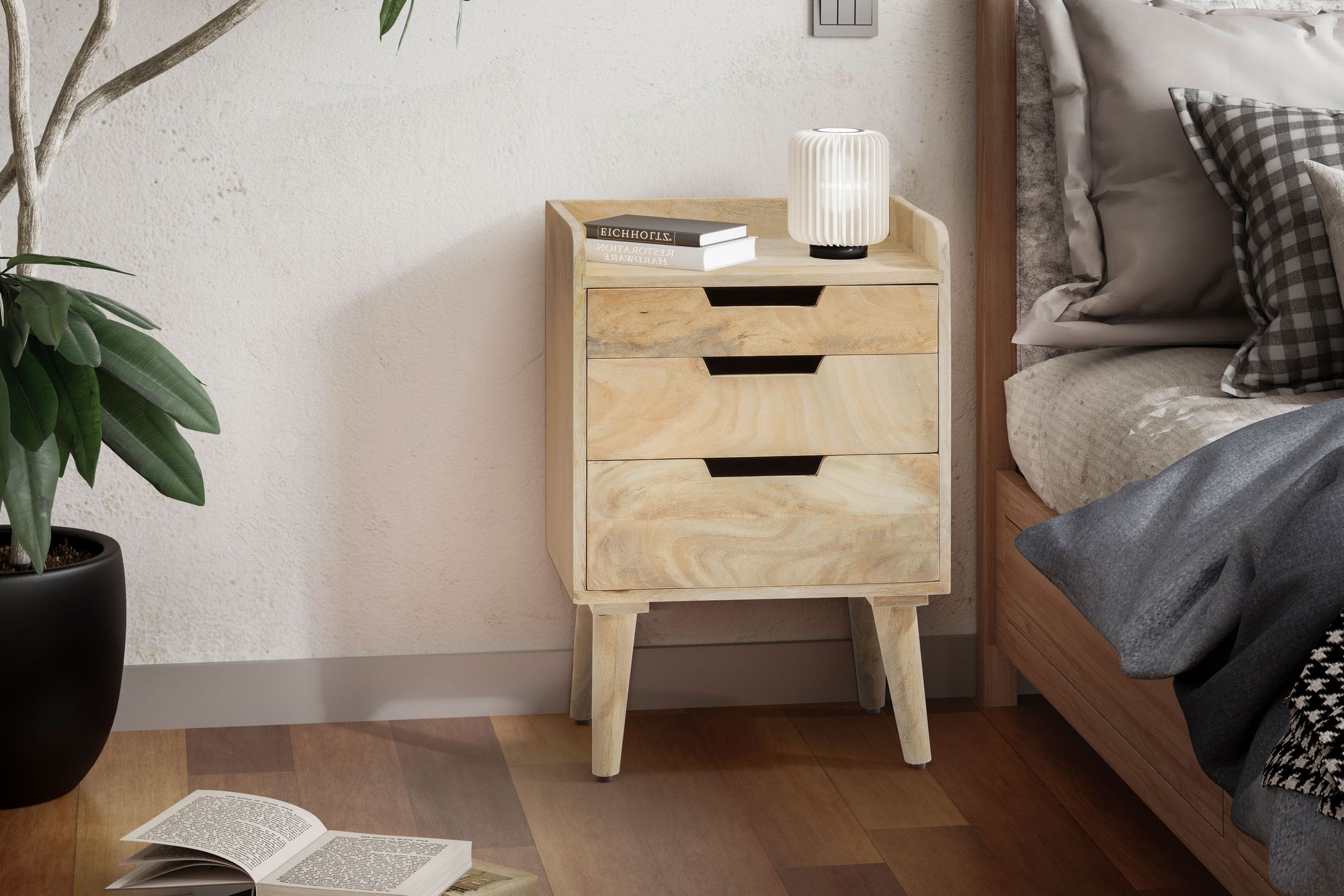 FineBuy Nachttisch aus Mango Massivholz mit 3 Schubladen & Ablage – Nachtschrank ideal für Boxspringbetten, Nachtkonsole im Natur Design – Nachtkästchen 45x33x63 cm | Farbe: Braun