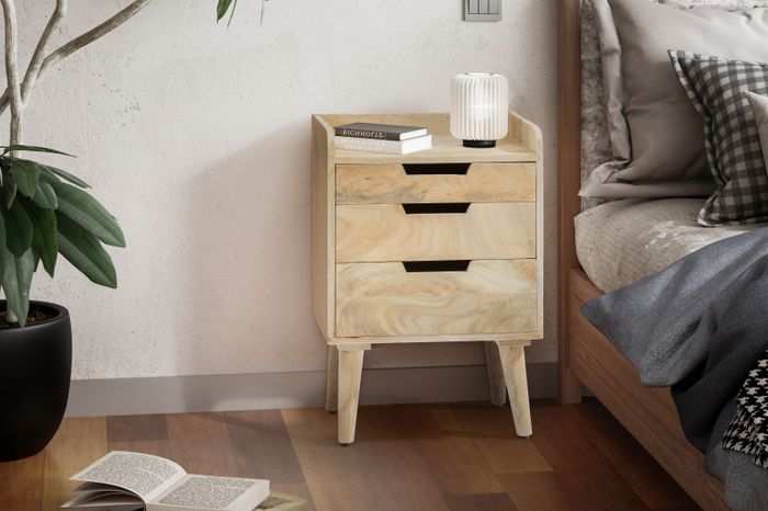 FineBuy Nachttisch Mango Massivholz Hellbraun 45x33x63 cm Nachtschrank Boxspringbett, Design Nachtkonsole mit 3 Schubladen & Ablagefläche, Nachtkommode Stauraum