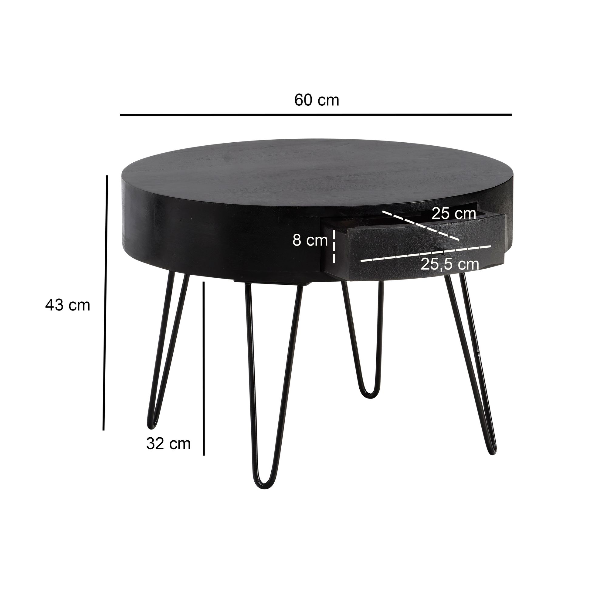 FineBuy Couchtisch Mango Massivholz Schwarz rund Ø 60 cm – Wohnzimmertisch mit Schublade & schwarzen Hairpin Beinen | Retro Design Holztisch handgefertigt | Farbe: Schwarz