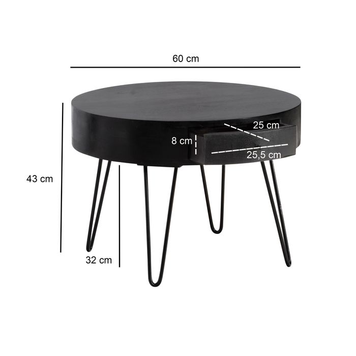 Couchtisch Mango Massivholz rund Ø 60 cm Wohnzimmertisch Schublade Schwarz – Maßzeichnung