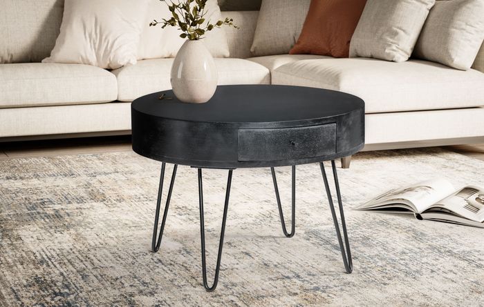 FineBuy Couchtisch 60x60x43 cm Mango Massivholz Metall Sofatisch, Design Wohnzimmertisch Rund mit Schublade, Kaffeetisch Stauraum Massiv, Kleiner Tisch Wohnzimmer Haarnadelbeine