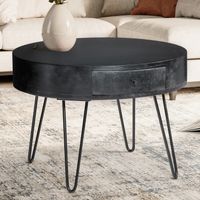 Couchtisch Mango Massivholz rund Ø 60 cm Wohnzimmertisch Schublade Schwarz – Ansicht 1